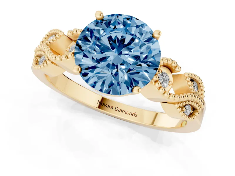 Fancy Blue Round Cut Diamond Milgrain Leaf Band Solitaire Ring Set in Yellow gold with Accent Stones and Prong Setting