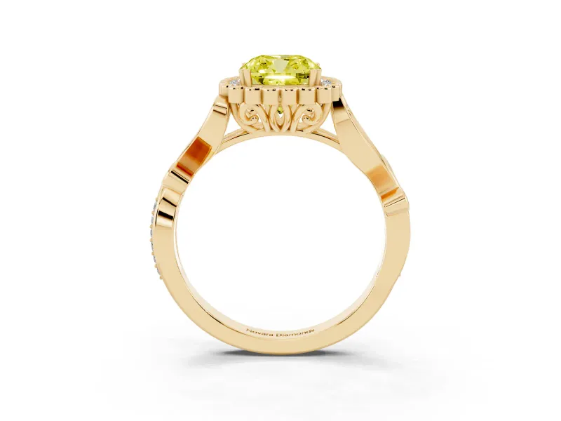 Cushion Cut Leaf Halo Engagement Ring Setting for a Fancy Yellow Lab-Grown Diamond | Yellow Gold