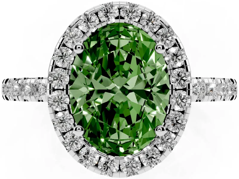 Fancy Green Oval Cut Diamond Pavé Band Halo Engagement Ring Set in Silver with Prong Setting