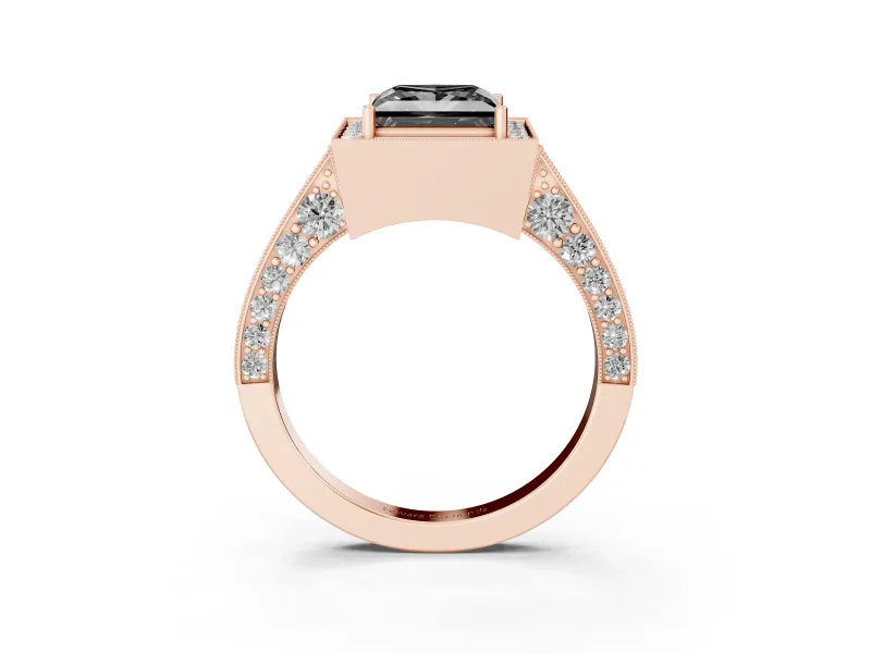 Princess Cut Milgrain Halo Engagement Ring Setting for a Black Center | Side Stones | Rose Gold
