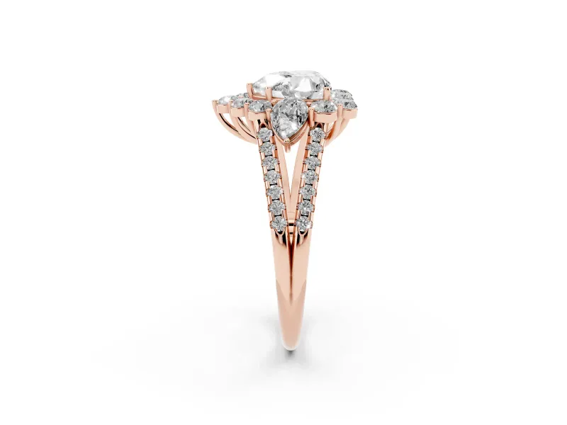 Heart-Shaped Scalloped Halo Engagement Ring Setting | Pear Side Stones | Rose Gold