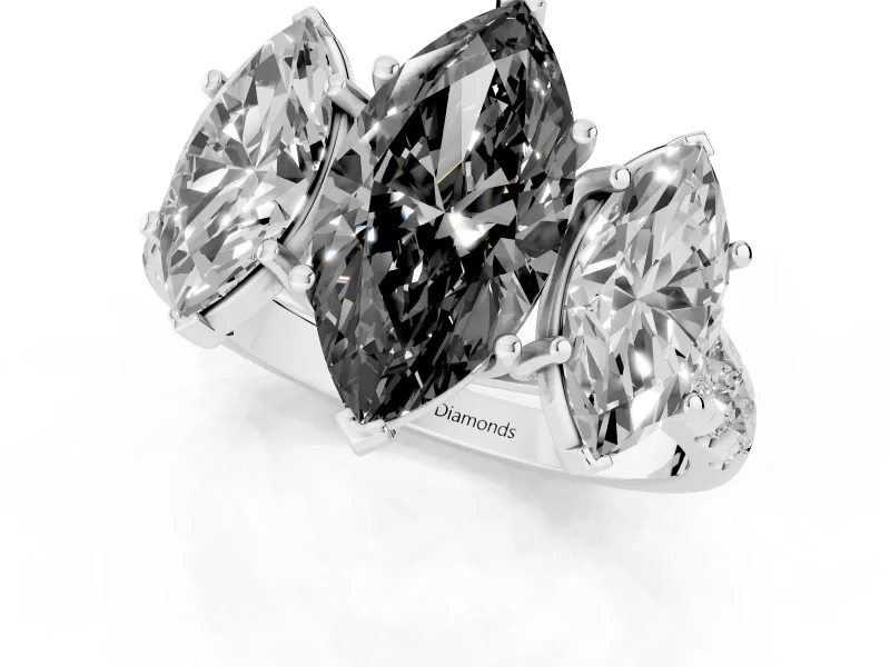 Fancy Black Marquise Cut Diamond Three-Stone Ring Set in Silver with Pavé Band