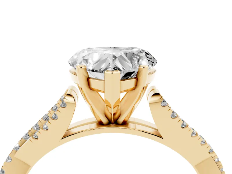 Heart Cut Diamond Solitaire Engagement Ring Set in Yellow gold with Twisted Pavé Band and Prong Setting