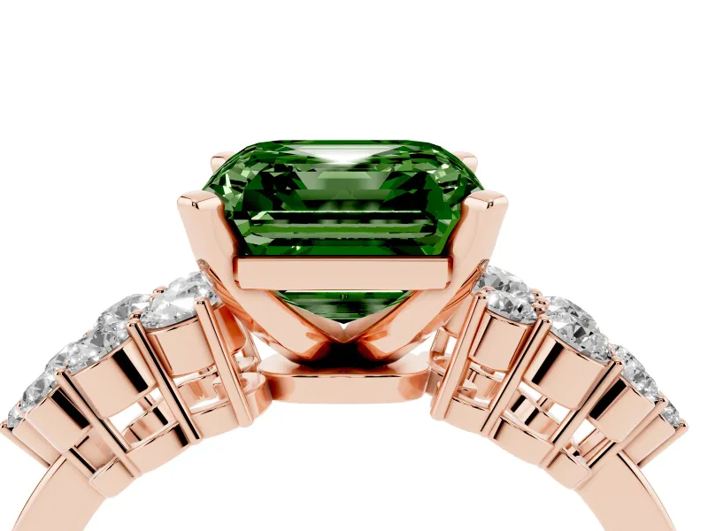 Fancy Green Asscher Cut Diamond Cluster Engagement Ring Set in Rose gold with Pavé Band and Prong Setting