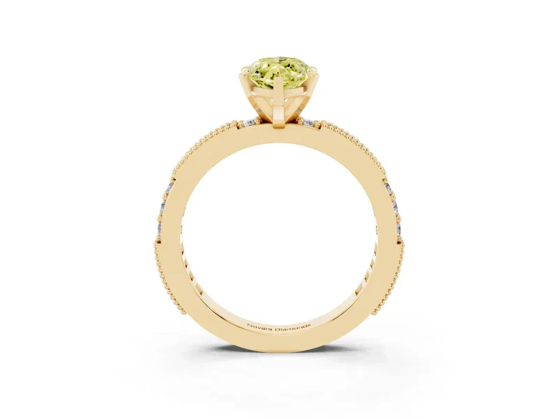 Fancy Yellow Marquise Cut Diamond Solitaire Ring Set in Yellow gold with Slim Pavé Band and Prong Setting