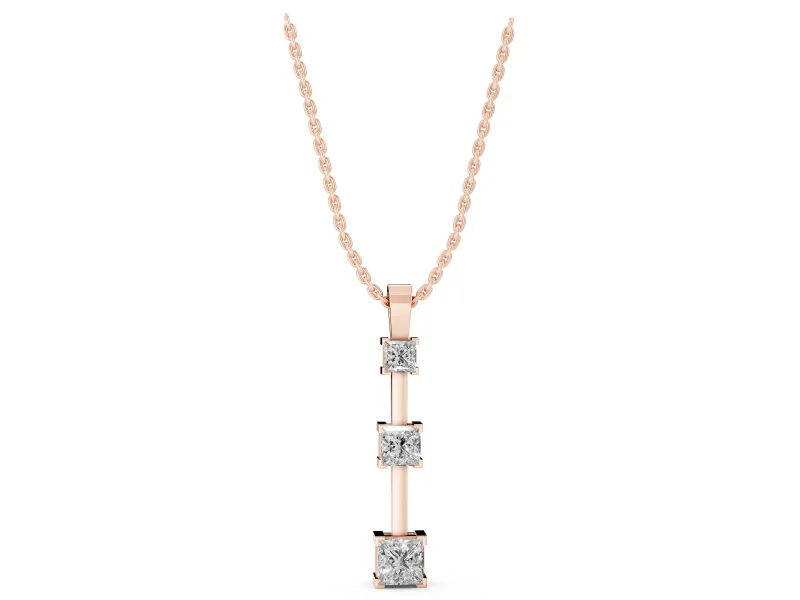 Princess Cut Lab-Grown Diamond Graduated Bar Pendant Necklace | Spaced Settings | Rose Gold