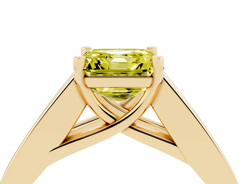 Fancy Yellow Asscher Cut Diamond Solitaire Ring Set in Yellow gold with Channel-Set Accent Stones and Prong Setting