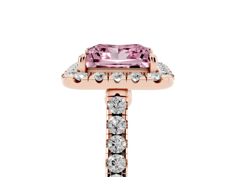 Princess Cut Halo Engagement Ring Setting for a Fancy Pink Lab-Grown Diamond | Pave Shoulders | Rose Gold