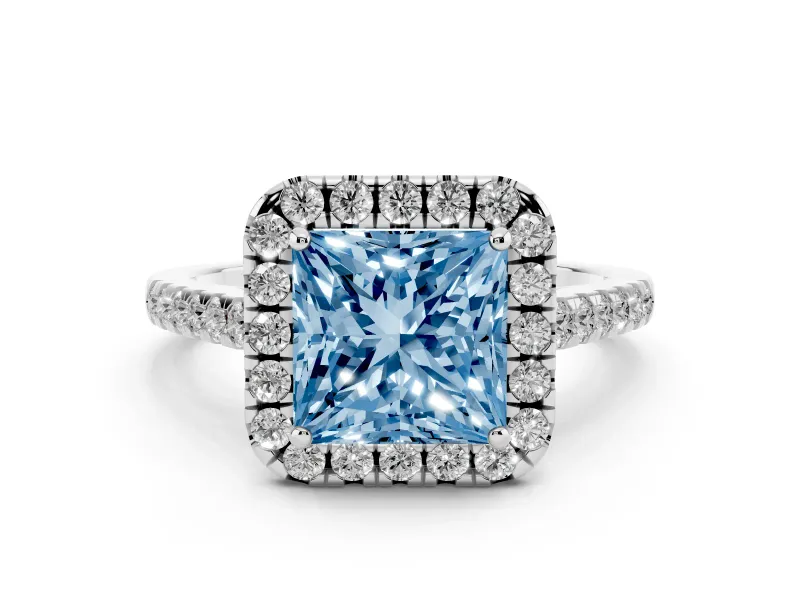 Fancy Blue Princess Cut Diamond Halo Pavé Engagement Ring Set in White gold with Prong Setting