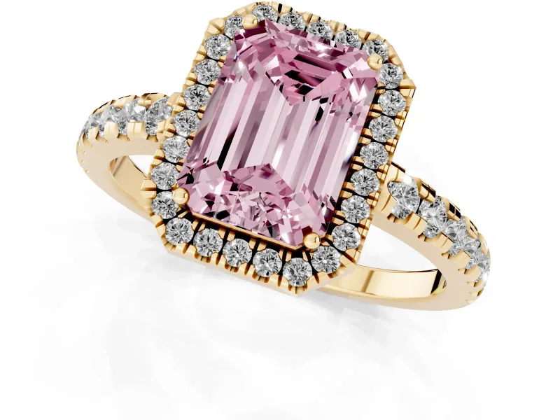 Fancy Pink Emerald Cut Diamond Halo Ring Set in Yellow gold with Delicate Pavé Band and Prong Setting