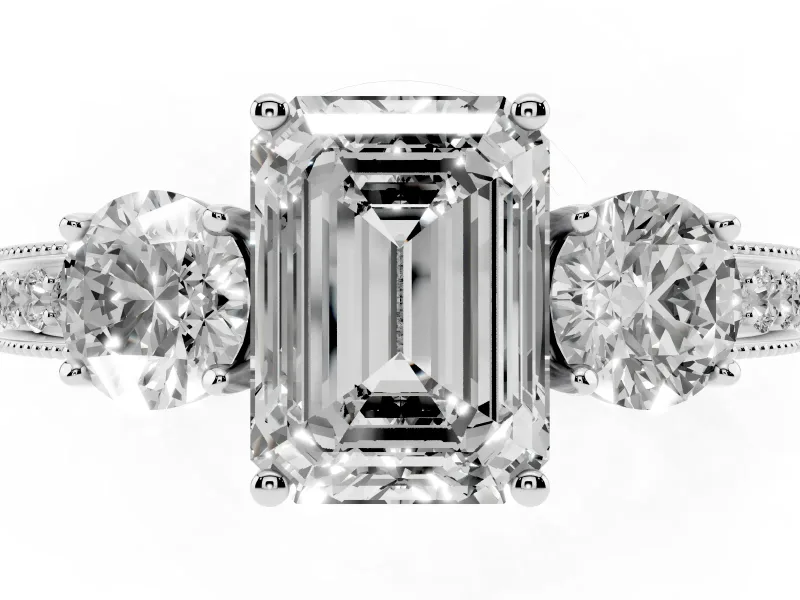 Emerald Cut Diamond Three-Stone Ring Set in Silver with Round Side Stones and Pavé Band