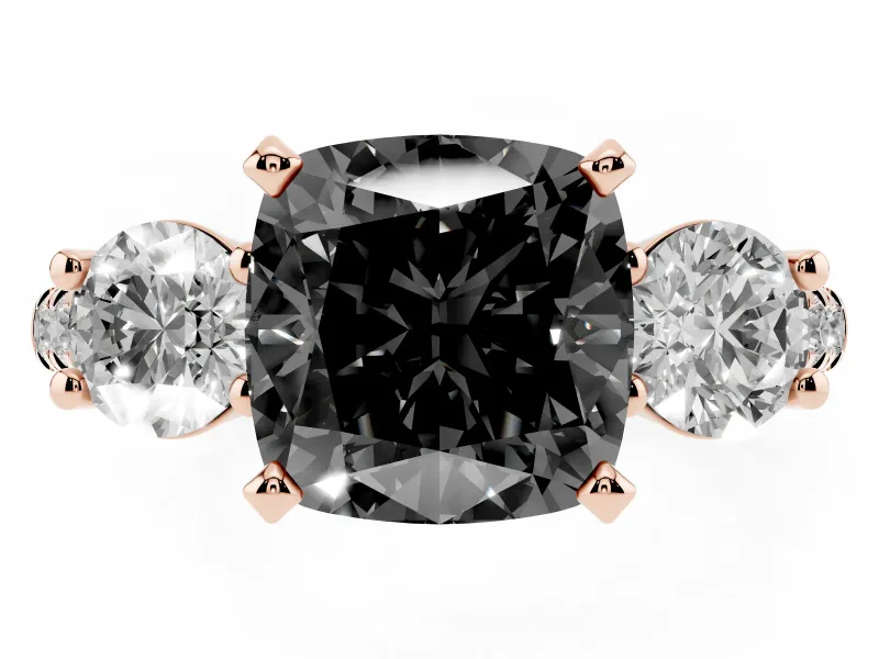 Fancy Black Three-Stone Cushion Cut Diamond Pavé Band Ring Set in Rose gold with Prong-Set Trio