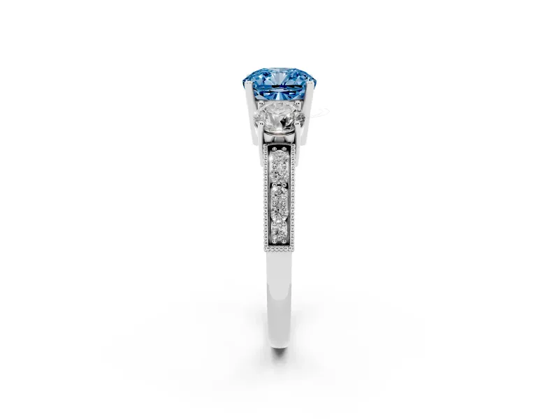 Cushion Cut Three Stone Engagement Ring Setting for a Fancy Blue Lab-Grown Diamond | Graduated Pave Band | Platinum