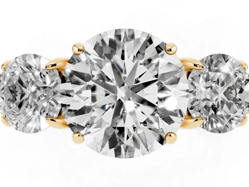 Round Three Stone Engagement Ring Setting | Round Side Stones and Open Baskets | Yellow Gold