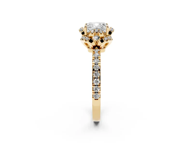 Cushion Cut Diamond Halo Pavé Band Ring Set in Yellow gold with Prong-Held Center