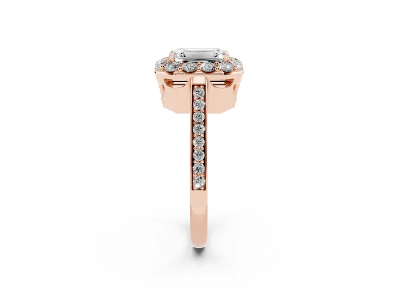 Emerald Cut Floral Halo Engagement Ring Setting | Large Round Accents | Rose Gold