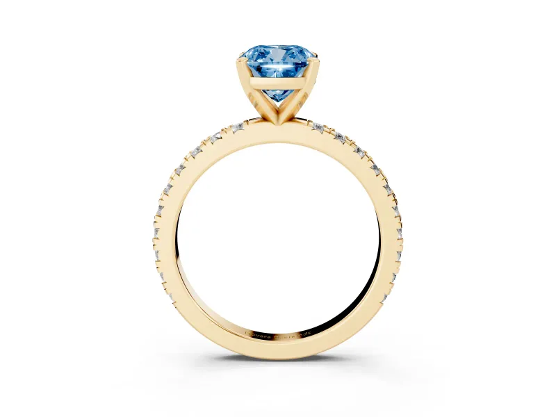 Fancy Blue Cushion Cut Diamond Pavé Band Solitaire Set in Yellow gold with Prong Setting
