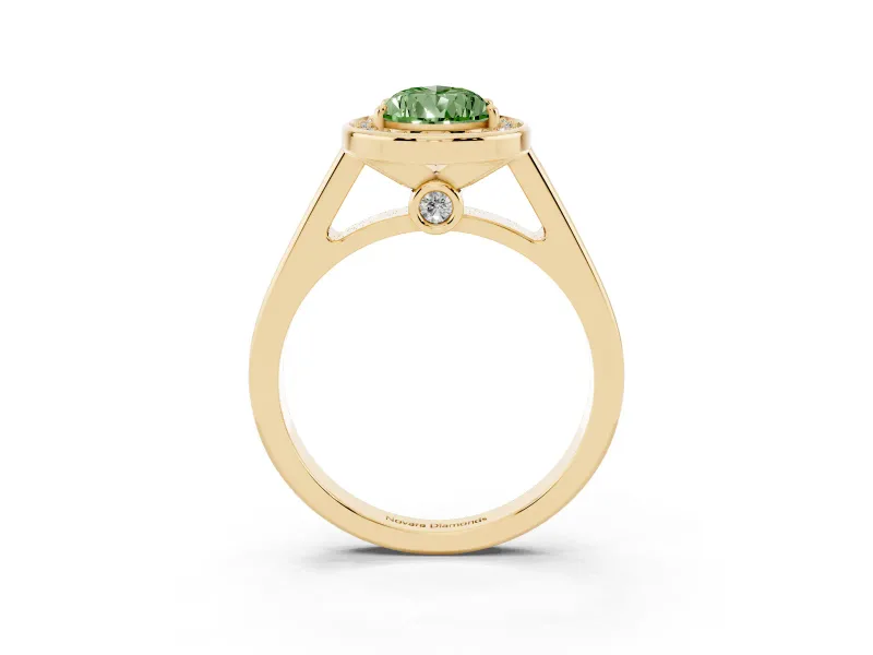Fancy Green Pear Cut Diamond Halo Solitaire Ring Set in Yellow gold with Pavé Band and Bezel Setting