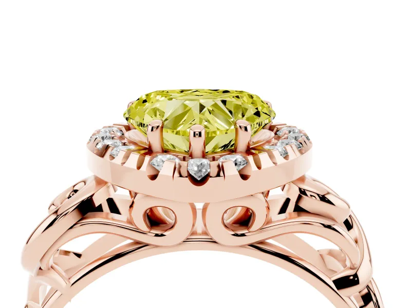 Fancy Yellow Heart Cut Diamond Halo Ring Set in Rose gold with Scrollwork Band and Prong Setting