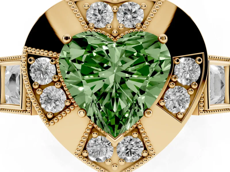Fancy Green Heart Cut Diamond Milgrain Halo Ring Set in Yellow gold with Split Shank