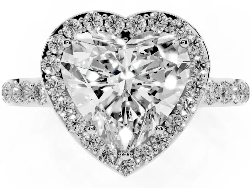 Heart Cut Diamond Halo Ring Set in Silver with Pavé-Setting Band and Open Prong Center