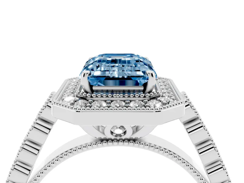 Emerald Cut Graduated Milgrain Halo Engagement Ring Setting for a Fancy Blue Lab-Grown Diamond | Sterling Silver