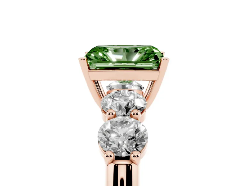 Radiant Cut Five Stone Engagement Ring Setting for a Fancy Green Lab-Grown Diamond | Prong Set Side Stones | Rose Gold