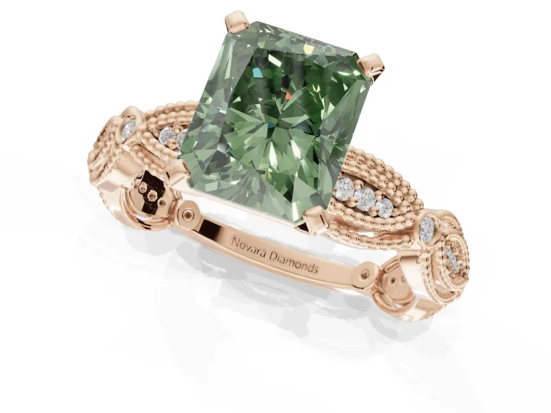 Radiant Cut Vintage Engagement Ring Setting for a Fancy Green Lab-Grown Diamond | Graduated Stations | Rose Gold