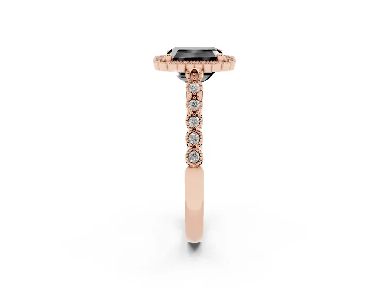 Radiant Cut Milgrain Halo Engagement Ring Setting for a Black Center | Beaded Shoulders | Rose Gold