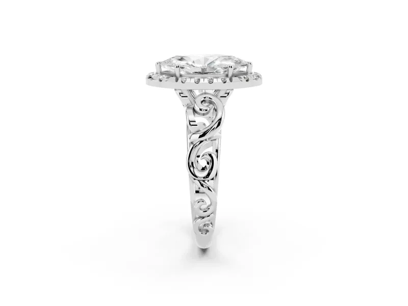 Marquise Cut Diamond Halo Ring Set in Silver with Scrollwork Band and Prong Setting