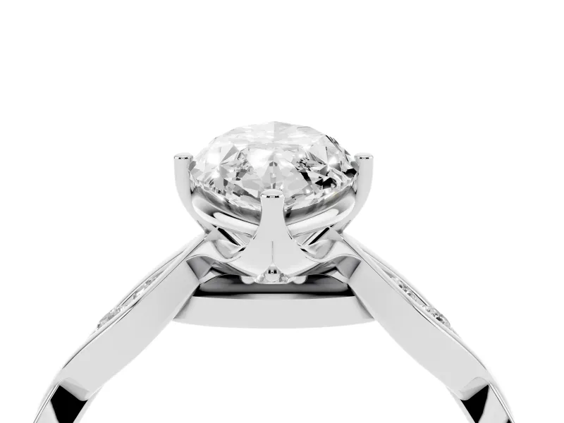 Marquise Cut Diamond Twist Band Solitaire Ring Set in White gold with Leaf Prong Setting and Accent Stones