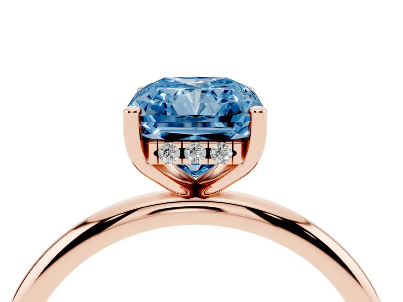 Fancy Blue Radiant Cut Diamond Solitaire Engagement Ring Set in Rose gold with Prong Setting and Polished Band