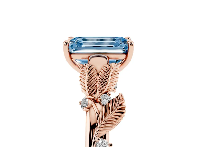 Emerald Cut Leaf Solitaire Engagement Ring Setting for a Fancy Blue Lab-Grown Diamond | Rose Gold