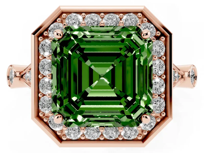 Asscher Cut Halo Engagement Ring Setting for a Fancy Green Lab-Grown Diamond | Bezel Station Shoulders | Rose Gold