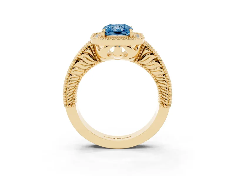 Radiant Cut Milgrain Halo Engagement Ring Setting for a Fancy Blue Lab-Grown Diamond | Carved Leaf Detail | Yellow Gold