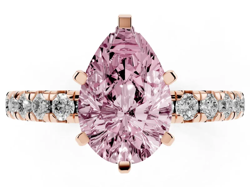 Fancy Pink Pear Cut Diamond Pavé Solitaire Ring Set in Rose gold with Round Band and Prong Setting