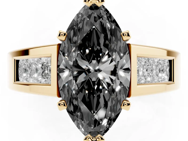 Marquise Channel-Set Engagement Ring Setting for a Black Center | Princess Side Stones | Yellow Gold
