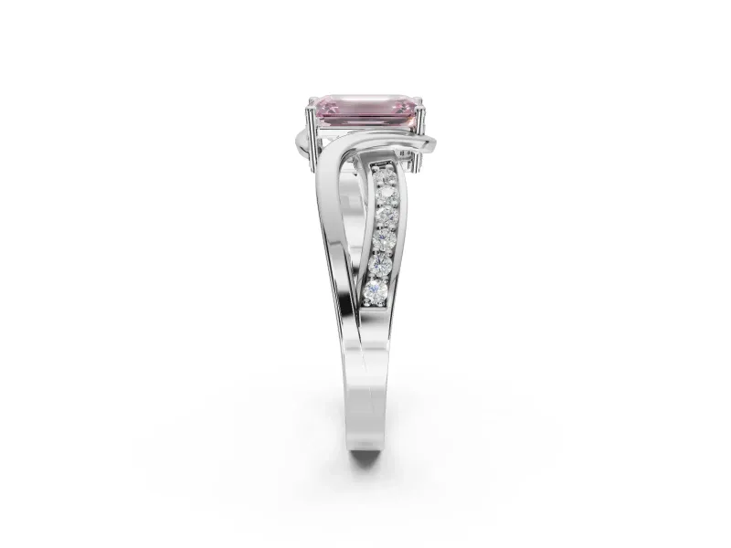 Emerald Cut Bypass Solitaire Engagement Ring Setting for a Fancy Pink Lab-Grown Diamond | Pavé Strands | Sterling Silver