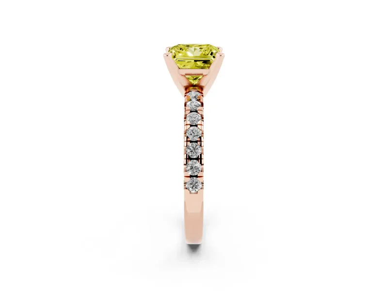 Fancy Yellow Princess Cut Diamond Solitaire Pavé Engagement Ring Set in Rose gold with Round Band and Prong Setting
