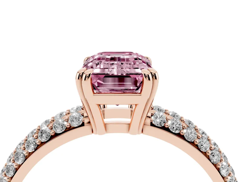 Emerald Cut Three Row Pave Engagement Ring Setting for a Fancy Pink Lab-Grown Diamond | Rose Gold