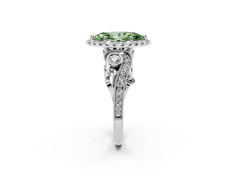 Fancy Green Marquise Cut Diamond Halo Ring Set in Platinum with Milgrain Pavé Band and Prong Setting
