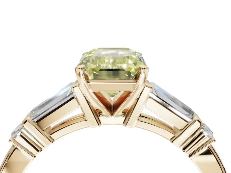 Emerald Cut Tapered Baguette Engagement Ring Setting for a Fancy Yellow Lab-Grown Diamond | Bar Set Sides | Yellow Gold