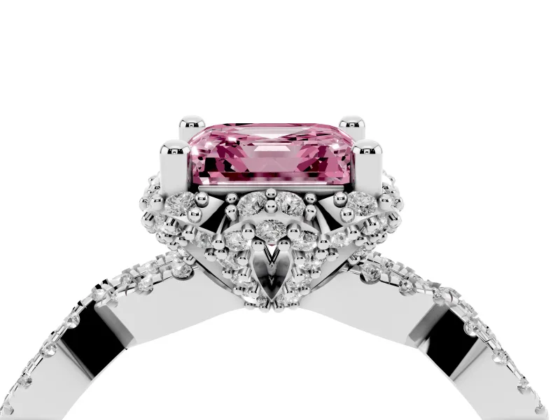 Fancy Pink Asscher Cut Diamond Halo Twist Band Solitaire Ring Set in Platinum with Prong-Set Center Stone