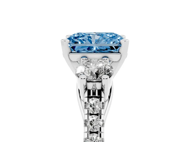 Fancy Blue Three-Stone Radiant Cut Diamond Pavé Band Ring Set in Silver with Prong-Set Trio