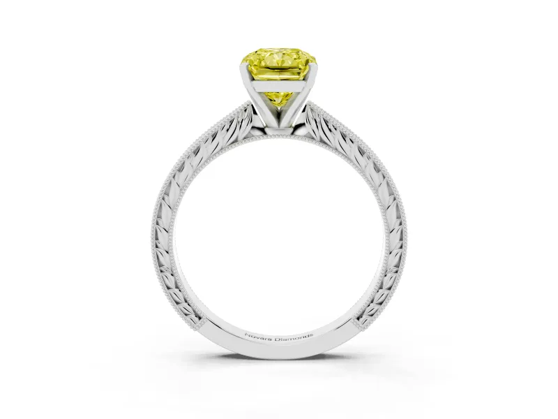 Fancy Yellow Radiant Cut Diamond Solitaire Milgrain Engraved Band Set in Silver with Prong Setting