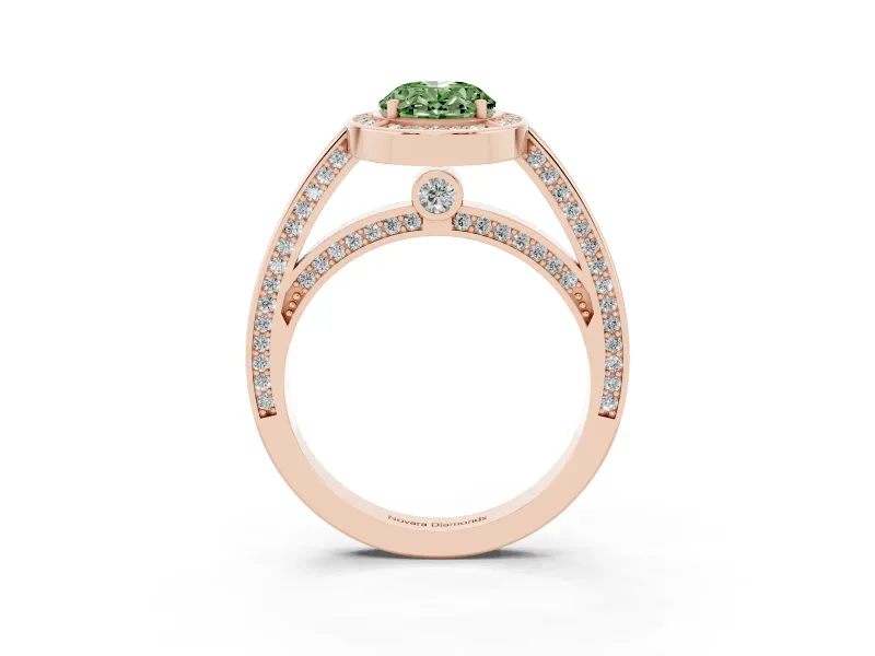Fancy Green Oval Cut Diamond Halo Pavé Split Shank Ring Set in Rose gold with Prong Setting