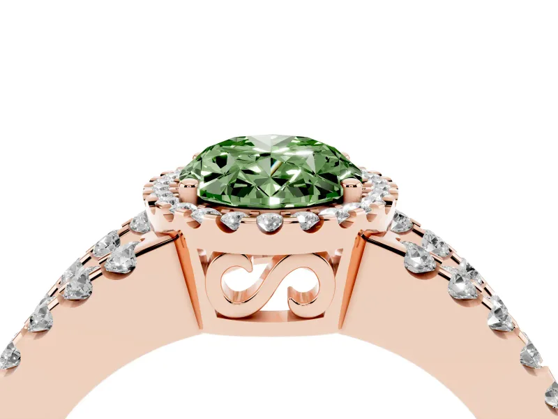 Fancy Green Oval Cut Diamond Halo Ring Set in Rose gold with Pavé Split Shank and Prong Setting
