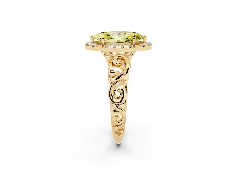 Fancy Yellow Marquise Cut Diamond Halo Ring Set in Yellow gold with Scrollwork Band and Prong Setting