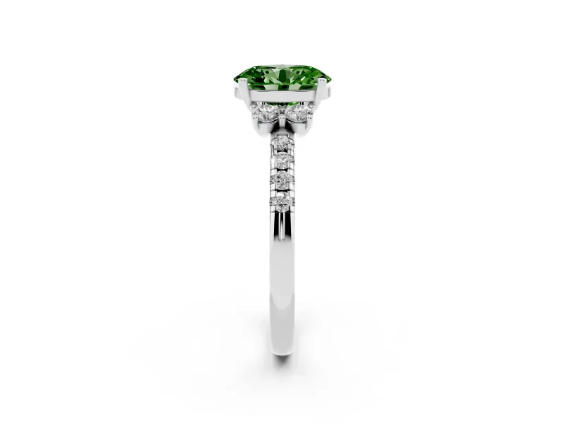 Oval Side Stone Engagement Ring Setting for a Fancy Green Lab-Grown Diamond | Pave Band | Sterling Silver