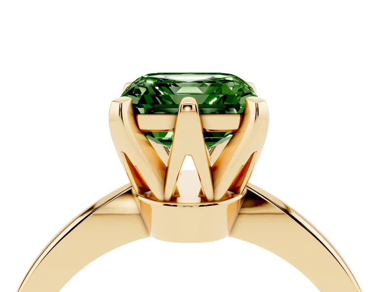 Fancy Green Asscher Cut Diamond Solitaire Engagement Ring Set in Yellow gold with Slim Tapered Solitaire Band